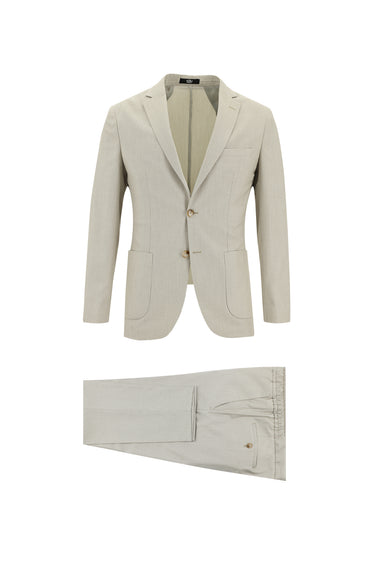 Orta Bej Super Slim Fit Ekstra Dar Kesim Fit Beli Lastikli İpli Desenli Takım Elbise