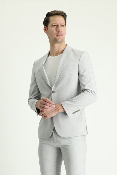 Açık Gri Slim Fit Dar Kesim Beli Lastikli İpli Takım Elbise