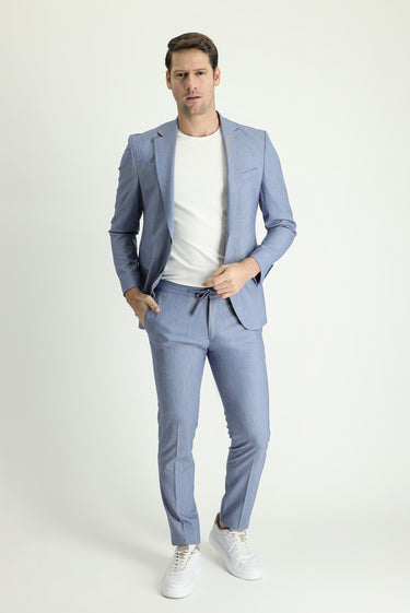 Açık Lacivert Slim Fit Dar Kesim Beli Lastikli İpli Takım Elbise