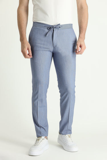 Açık Lacivert Slim Fit Dar Kesim Beli Lastikli İpli Takım Elbise