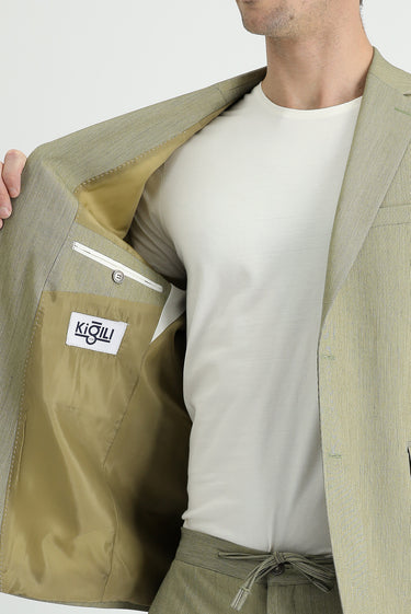 Açık Haki Slim Fit Dar Kesim Beli Lastikli İpli Takım Elbise
