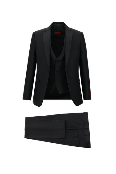 Siyah Slim Fit Dar Kesim Mono Yaka Yelekli Smokin & Damatlık