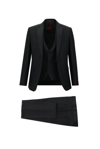 Siyah 7 Drop Slim Fit Dar Kesim Mono Yaka Yelekli Smokin & Damatlık