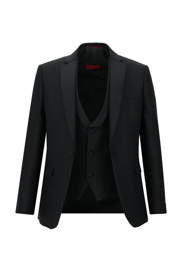 Siyah Slim Fit Dar Kesim Mono Yaka Yelekli Smokin & Damatlık