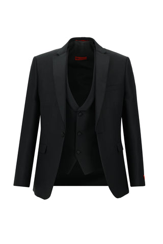 Siyah 7 Drop Slim Fit Dar Kesim Mono Yaka Yelekli Smokin & Damatlık