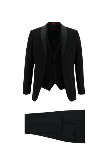 Siyah Slim Fit Dar Kesim Şal Yaka Yelekli Smokin & Damatlık