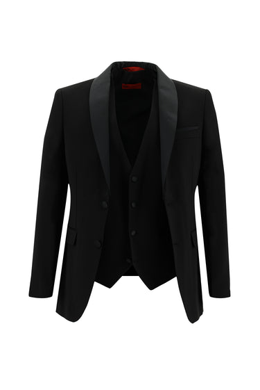 Siyah Slim Fit Dar Kesim Şal Yaka Yelekli Smokin & Damatlık
