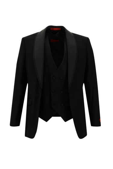 Siyah Slim Fit Dar Kesim Şal Yaka Yelekli Smokin & Damatlık