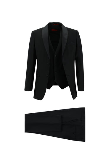 Siyah Slim Fit Dar Kesim Şal Yaka Yelekli Smokin & Damatlık