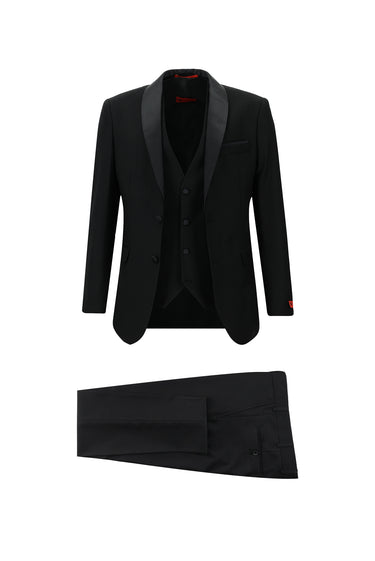 Siyah Slim Fit Dar Kesim Şal Yaka Yelekli Smokin & Damatlık