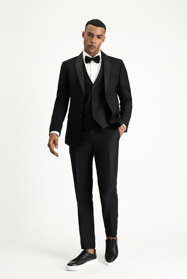 Siyah Slim Fit Dar Kesim Şal Yaka Yelekli Smokin & Damatlık
