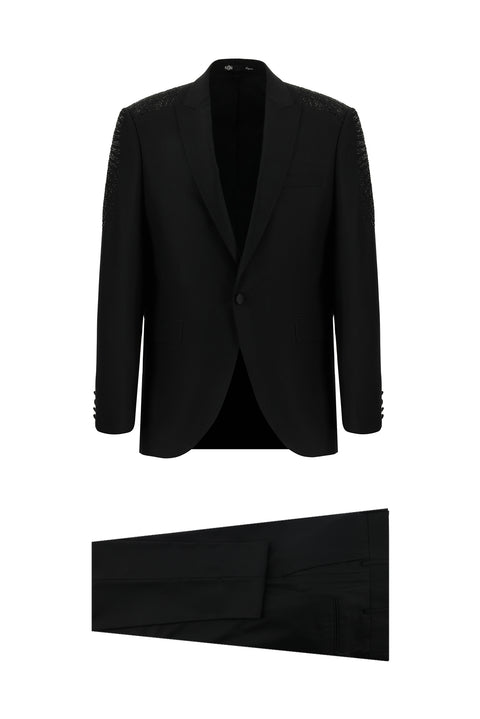 Black 7 Drop Slim Fit Narrow Cut Pointed Collar Tuxedo & Groom Suit