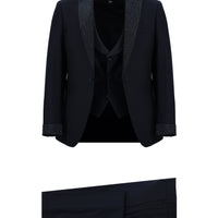 Koyu Lacivert Slim Fit Dar Kesim Sivri Yaka Yelekli Smokin & Damatlık