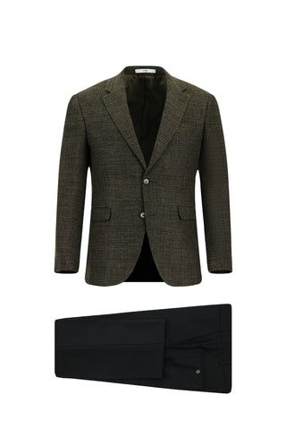 Orta Haki 7 Drop Slim Fit Dar Kesim Yünlü Desenli Kombinli Takım Elbise