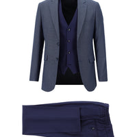 Orta Lacivert 7 Drop Slim Fit Dar Kesim Beli Lastikli İpli Kombinli Yelekli Takım Elbise
