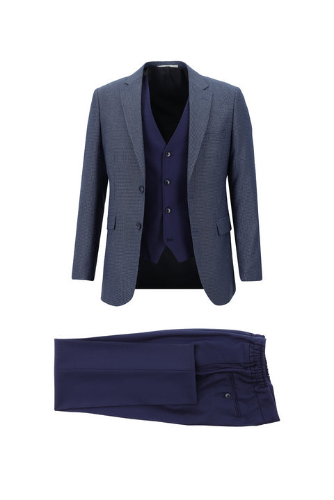 Orta Lacivert 7 Drop Slim Fit Dar Kesim Beli Lastikli İpli Kombinli Yelekli Takım Elbise