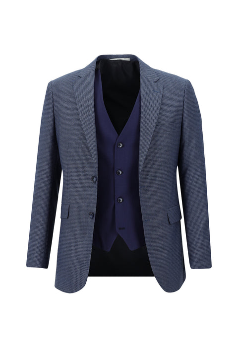 Orta Lacivert 7 Drop Slim Fit Dar Kesim Beli Lastikli İpli Kombinli Yelekli Takım Elbise