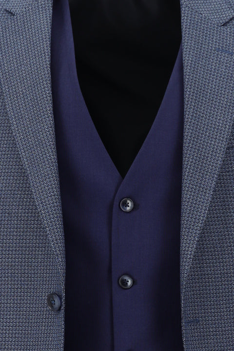Orta Lacivert 7 Drop Slim Fit Dar Kesim Beli Lastikli İpli Kombinli Yelekli Takım Elbise