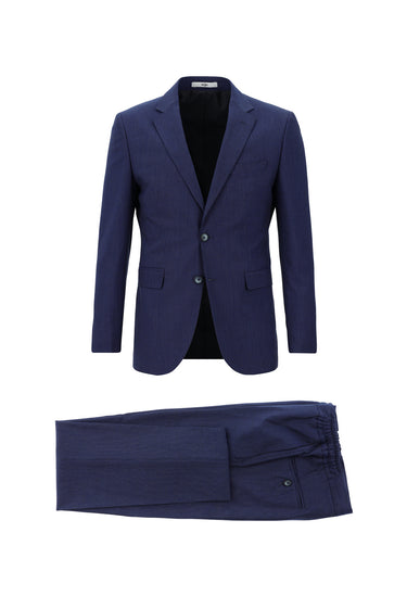 Orta Lacivert Super Slim Fit Ekstra Dar Kesim Beli Lastikli İpli Çizgili Takım Elbise