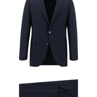 Koyu Lacivert Slim Fit Dar Kesim Yünlü Klasik Çizgili Takım Elbise