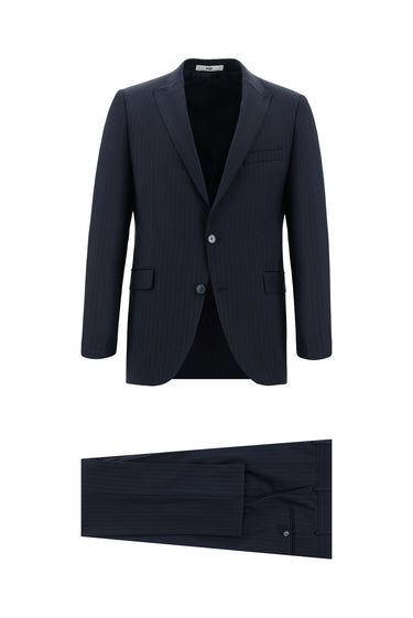 Koyu Lacivert Slim Fit Dar Kesim Yünlü Klasik Çizgili Takım Elbise