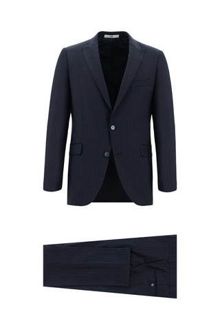 Koyu Lacivert 7 Drop Slim Fit Dar Kesim Yünlü Çizgili Takım Elbise