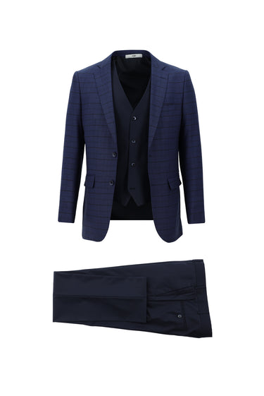Saks Mavi Regular Fit Kombinli Yelekli Takım Elbise