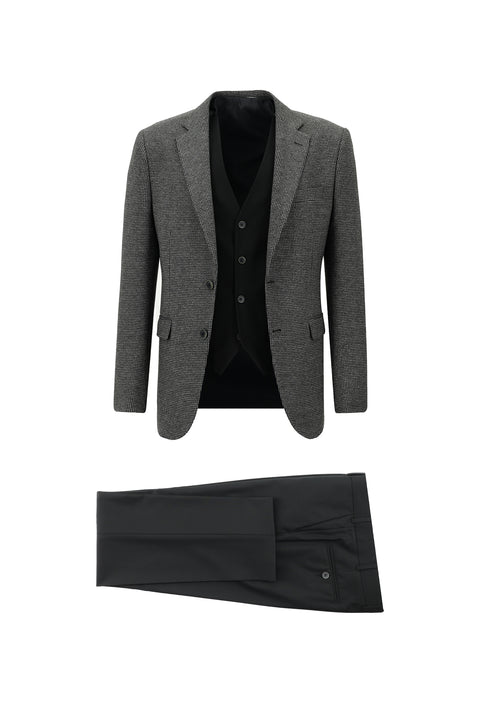 Siyah 7 Drop Slim Fit Dar Kesim Kombinli Yelekli Takım Elbise