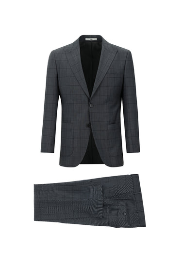 Orta Antrasit Slim Fit Dar Kesim Yünlü Kareli Takım Elbise