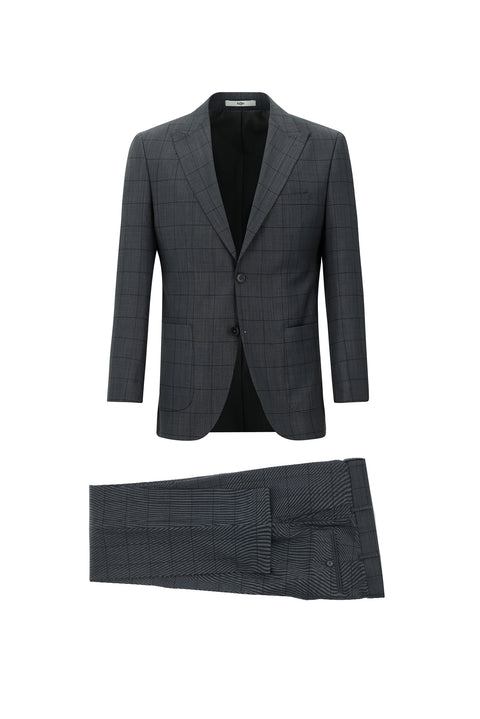 Orta Antrasit 7 Drop Slim Fit Dar Kesim Yünlü Kareli Takım Elbise
