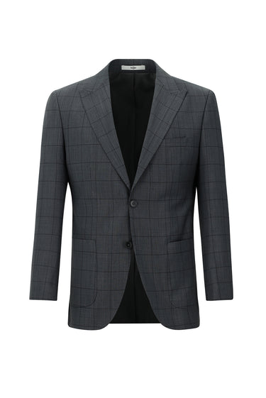 Orta Antrasit Slim Fit Dar Kesim Yünlü Kareli Takım Elbise