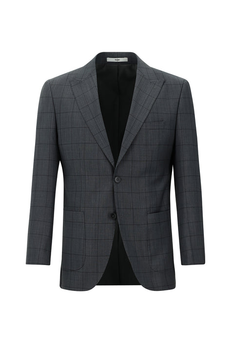 Orta Antrasit 7 Drop Slim Fit Dar Kesim Yünlü Kareli Takım Elbise