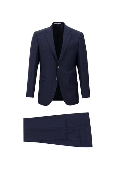 Koyu Lacivert Slim Fit Dar Kesim Yünlü Klasik Ekose Takım Elbise