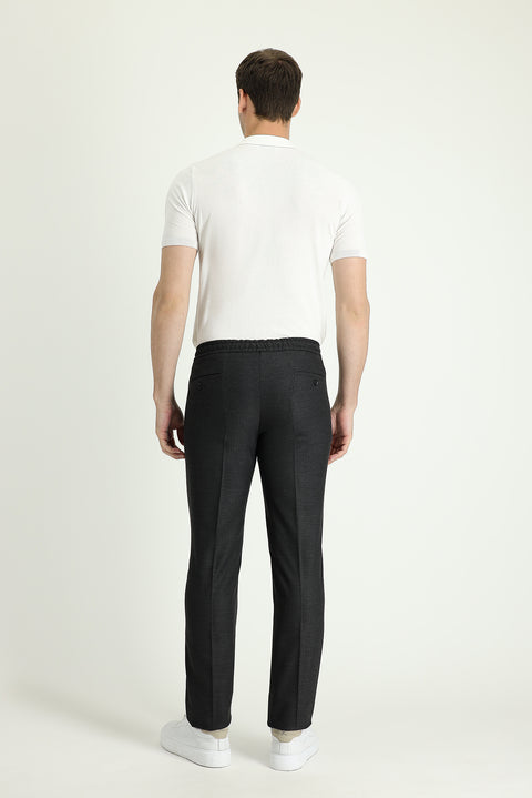 Koyu Antrasit 6 Drop Regular Fit Standart Kesim Beli Lastikli İpli Desenli Likralı Klasik Kumaş Pantolon