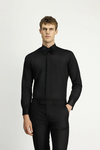 Siyah Ata Yaka Slim Fit Dar Kesim Klasik Katlı Manşet Nano Care Su İtici Leke Tutmaz 4 Mevsim Pamuk Gömlek