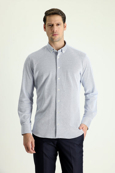 Koyu Mavi  Uzun Kol Slim Fit Dar Kesim Desenli Örme Pamuk Gömlek