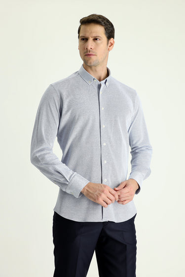 Koyu Mavi  Uzun Kol Slim Fit Dar Kesim Desenli Örme Pamuk Gömlek