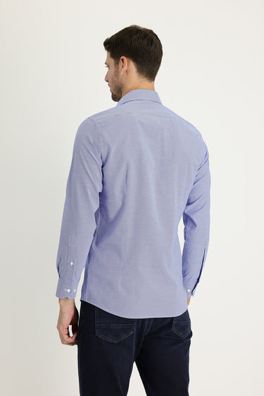 Koyu Mavi  Uzun Kol Slim Fit Dar Kesim Klasik Desenli Pamuklu Kolay Ütülenebilir Gömlek