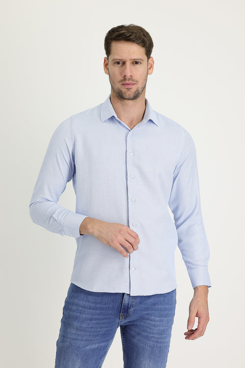 Açık Mavi Uzun Kol Slim Fit Dar Kesim Klasik Desenli Pamuklu Kolay Ütülenebilir Gömlek