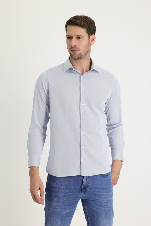 Açık Mavi Uzun Kol Slim Fit Dar Kesim Klasik Desenli Pamuklu Kolay Ütülenebilir Gömlek