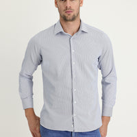 Koyu Mavi Uzun Kol Slim Fit Dar Kesim Klasik Desenli Pamuklu Kolay Ütülenebilir Gömlek