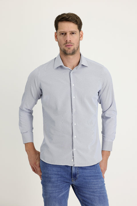 Koyu Mavi Uzun Kol Slim Fit Dar Kesim Klasik Desenli Pamuklu Kolay Ütülenebilir Gömlek