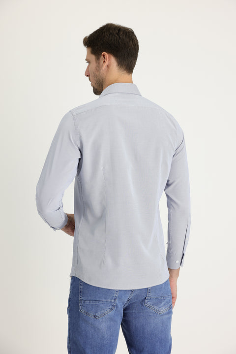 Koyu Mavi Uzun Kol Slim Fit Dar Kesim Klasik Desenli Pamuklu Kolay Ütülenebilir Gömlek