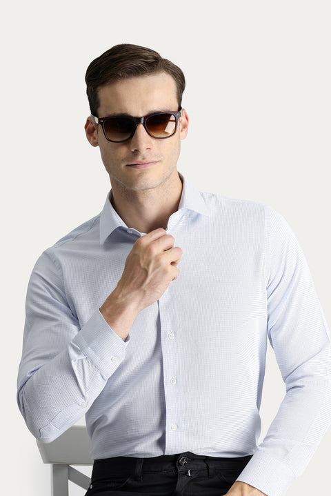 Açık Mavi Uzun Kol Slim Fit Dar Kesim Desenli Klasik Pamuklu Gömlek