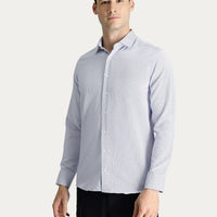 Koyu Mavi Uzun Kol Slim Fit Dar Kesim Desenli Klasik Pamuklu Gömlek