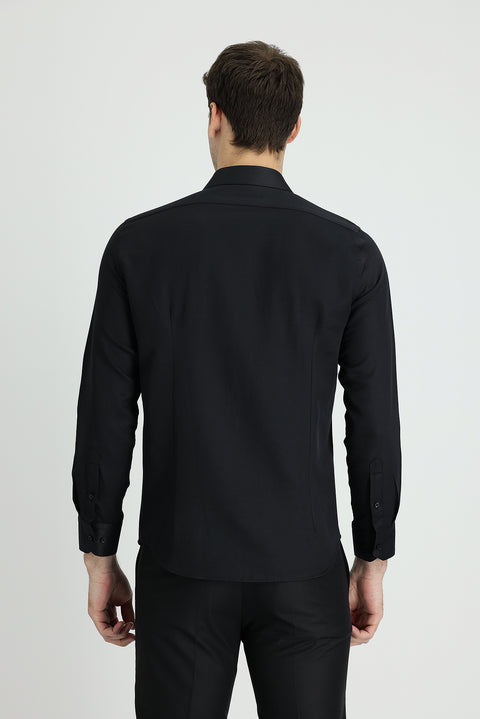 Koyu Lacivert Uzun Kol Slim Fit Dar Kesim Klasik Desenli Pamuklu Kolay Ütülenebilir Gömlek