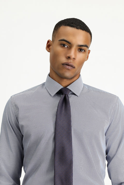 Medium Navy Long Sleeve Slim Fit Narrow Cut Classic Patterned Cotton Easy-Iron Shirt