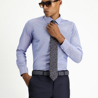 Navy Blue Long Sleeve Slim Fit Narrow Cut Classic Patterned Cotton Easy-Iron Shirt