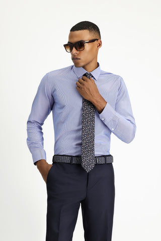 Saks Mavi Uzun Kol Slim Fit Dar Kesim Klasik Desenli Pamuklu Kolay Ütülenebilir Gömlek