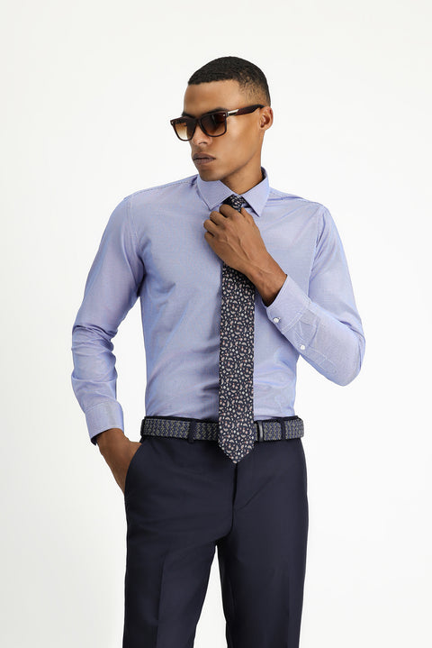 Navy Blue Long Sleeve Slim Fit Narrow Cut Classic Patterned Cotton Easy-Iron Shirt
